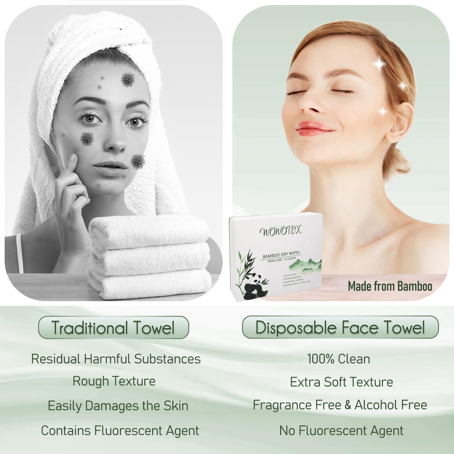 WOWOTEX Travel Size Disposable Face Towel Biodegradable Large Dry Face Wipes 30 Count/2 Box Extra Thick Soft Clean Facial Towels for Facial and Body Cleansing, Travel, Camping