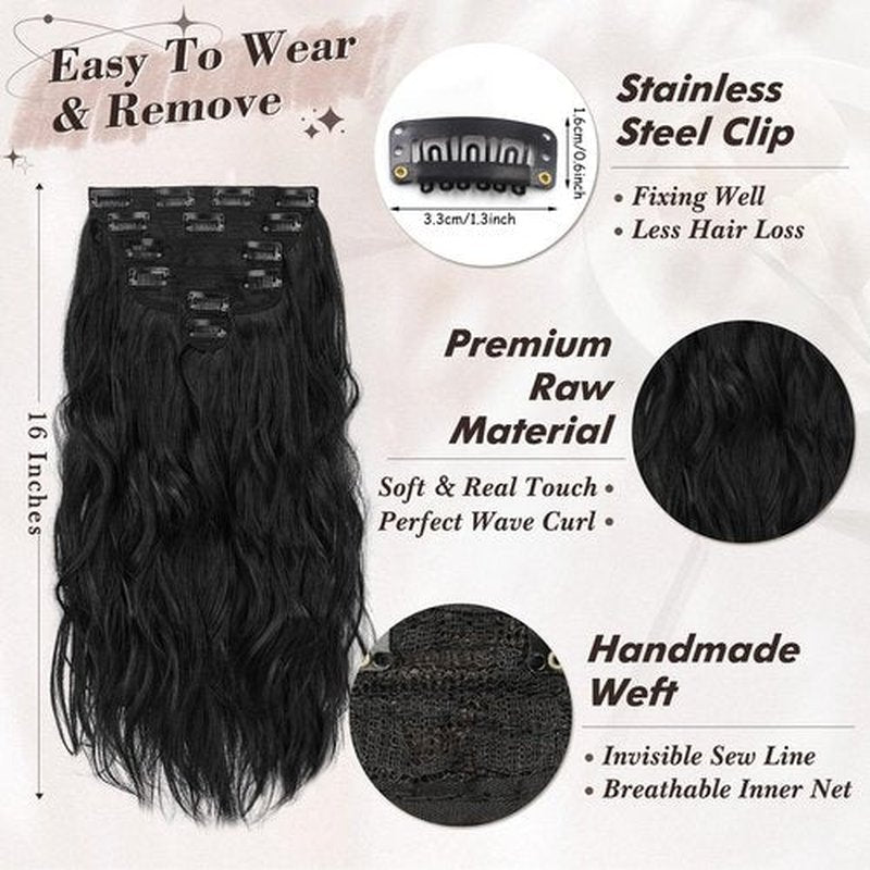 BARSDAR Clip in Hair Extensions - 16 Inch Wavy Black Hair Extensions Clip in for Women - 6PCs Full Head Thick Soft Synthetic Black Clip in Hairpieces Daily Party Halloween- Natural Black