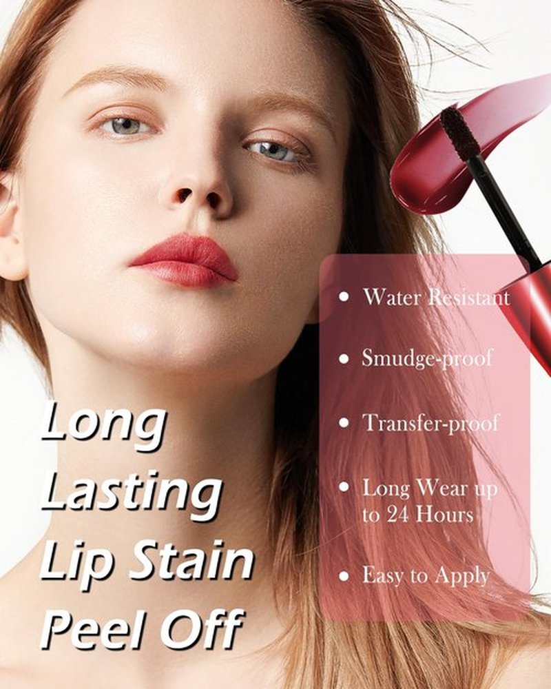Peel Off Lip Stain - Nude Red Matte Lip Liner Stain Waterproof Long Wear 24H, Highly Pigmented Lip Tattoo Peel Off Lip Tint Stain, Transfer-Proof, Non-Stick Cup, Liquid Lip Gloss Makeup for Women-02