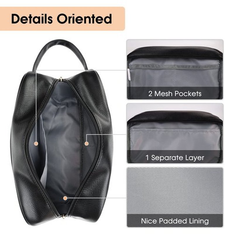 Narwey Vegan Leather Travel Toiletry Bag for Women and Men Traveling Dopp Kit Makeup Bag Organizer for Toiletries Accessories Cosmetics (P-Black)