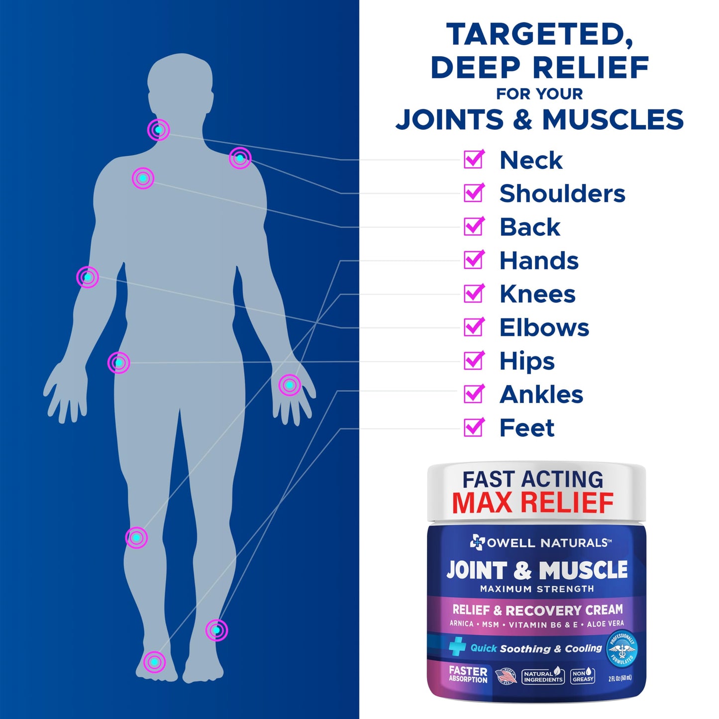 Owell Naturals Joint & Muscle Deep Penetrating Therapy Soothing Comfort Cream, Maximum Strength Relief & Recovery for Lower Back, Neck, Knee, Hands, Feet, Shoulder, 2 Oz