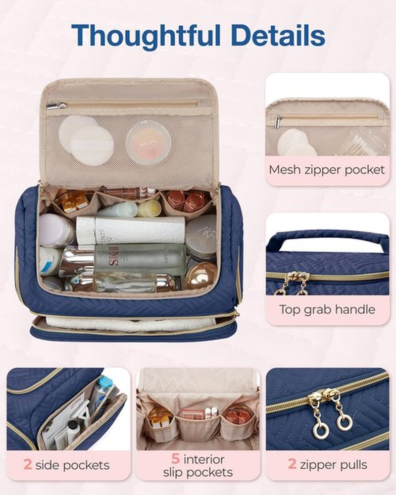 BAGSMART Travel Toiletry Bag, Large Wide-open Travel Bag for Toiletries, Makeup Cosmetic Travel Bag with Handle, Navy-Medium