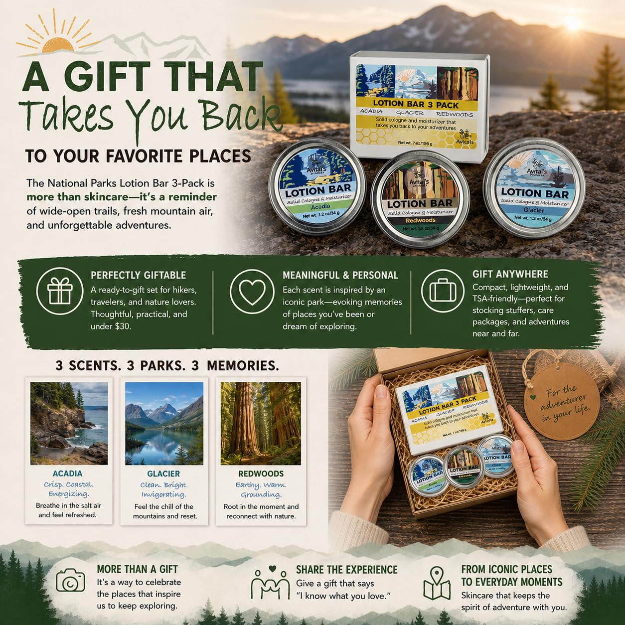 Avital's Apiaries National Parks Lotion Bar Gift Set (3-Pack) Solid Beeswax Moisturizer with Shea Butter & Mango Butter Travel-Friendly, Plastic-Free Skincare Inspired by Acadia, Glacier & Redwood