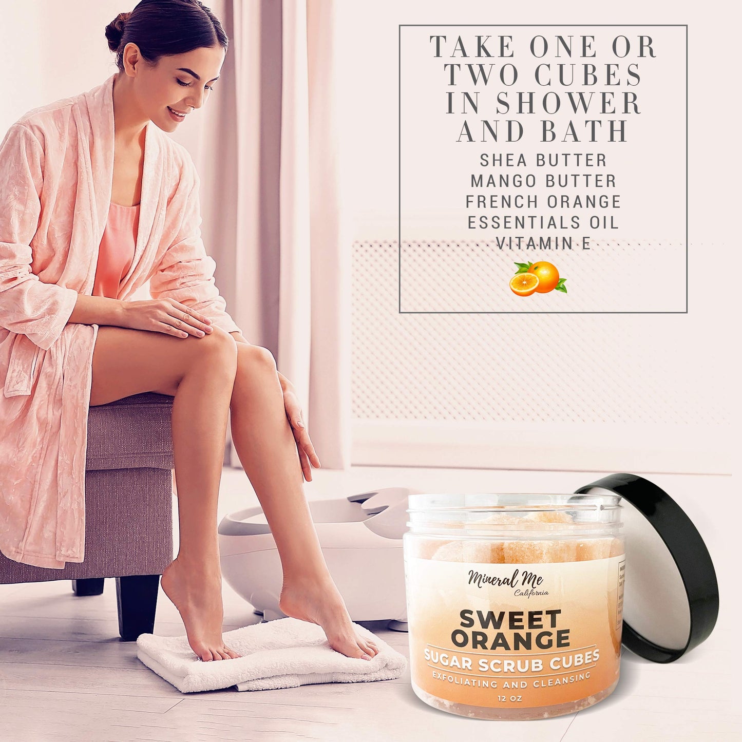 Body Scrub Exfoliator - 12oz SWEET ORANGE Sugar scrub cubes w/Mango Butter & Shea butter- Ultra Hydrating & Moisturizing - Natural & Organic for all body exfoliation- For hands, arms legs, elbow, foot