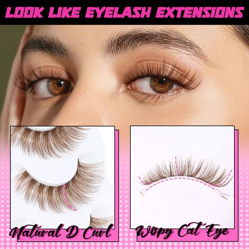 Veleasha Brown Lashes Cat Eye Lashes Wispy Faux Mink Lashes 100% Handmade Natural Look False Eyelashes with Clear Band Lightweight Fluffy False Eyelashes 5 Pairs Pack(Brown02)