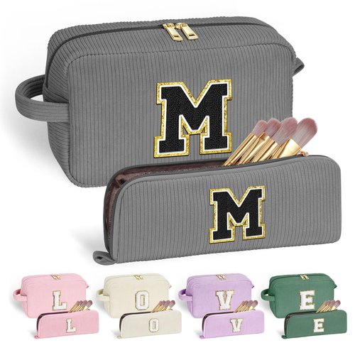 YOOLIFE Personalized Gifts for Women - Travel Makeup Bag Make Up Bag Travel Cosmetic Bags for Women Corduroy Makeup Bag Cute Makeup Bag Personalized Best Friend Birthday Gifts for Women Her Letter M