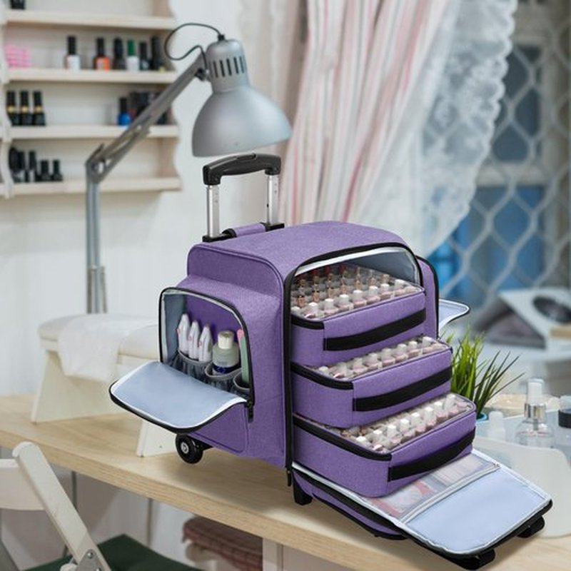 BAFASO Rolling Nail Polish Organizer Holds 144 Bottles, Nail Polish Case with a Detachable Dolly and 3 Removable Cases (Patented Design), Purple