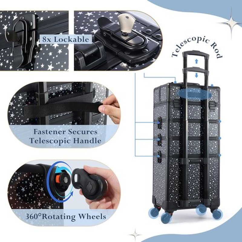 Stagiant Rolling Makeup Train Case Large Storage Cosmetic Trolley 4 in 1 Large Capacity Trolley Makeup Travel Case with Key Swivel Wheels Salon Barber Case Traveling Cart Trunk