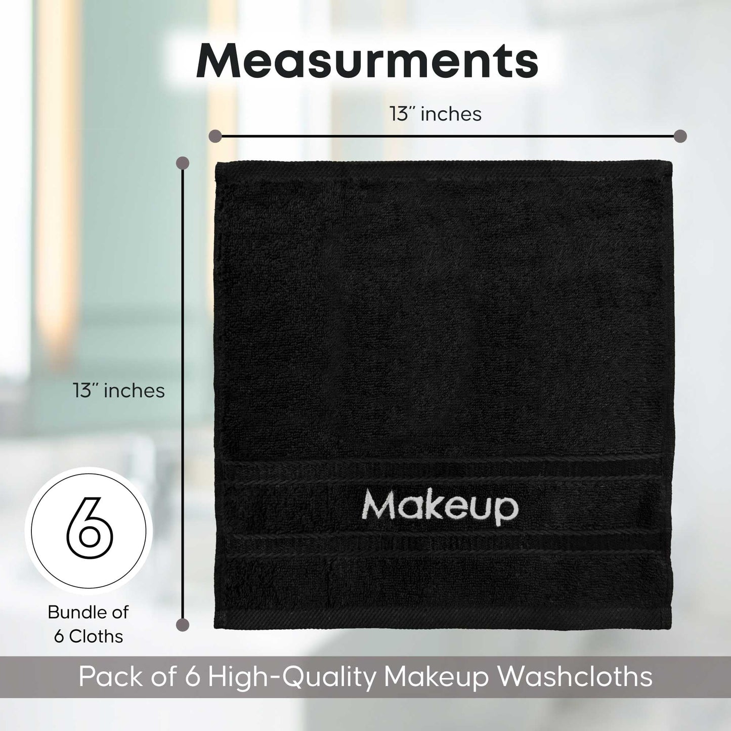 YRALY Makeup Towels - Pack of 6 - Soft Cotton Wash Cloths for Face & Makeup Removal, Airbnb Essentials for Hosts, Luxury Washcloths (13x13 Inches. Black)