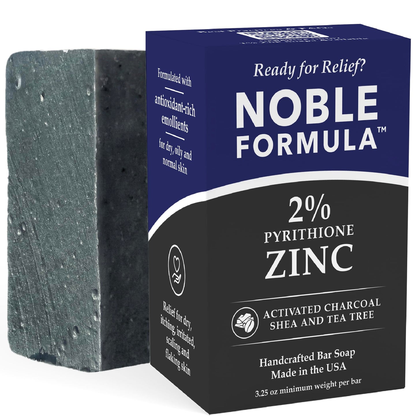 Noble Formula 2% Pyrithione Zinc Activated Charcoal Soap with Shea Butter and Tea Tree Oil - Face, Body and Scalp Deep Cleansing Bar for Oily or Flaky Skin, No Palm Oil, Handmade in the USA, 3.25 oz