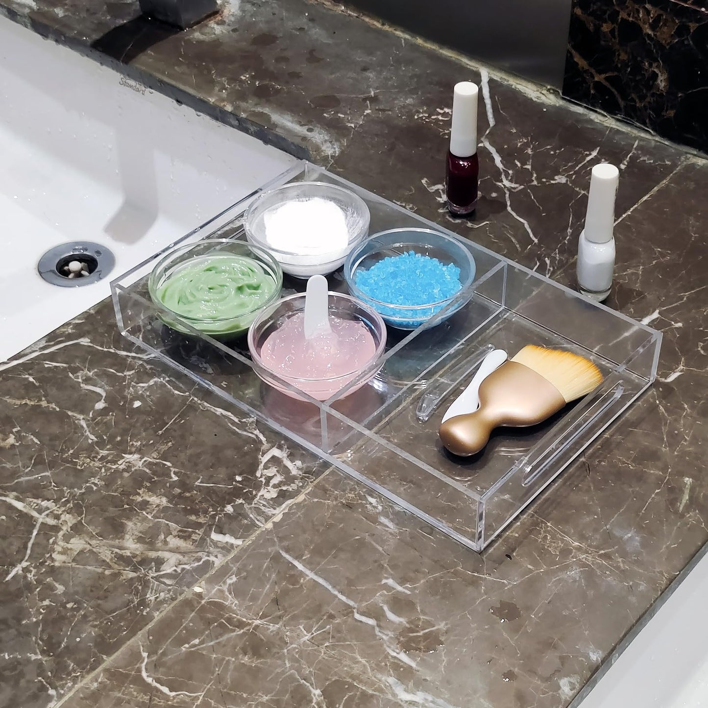 LUGUNU Multipurpose Acrylic Tray Set, 10X6.1X1.3inches Pedicure Tray, SPA Tray,Foot Care, Foot SPA, Tray Set Includes 4 Acrylic Bowls, Brush and Small Scraper Spoon