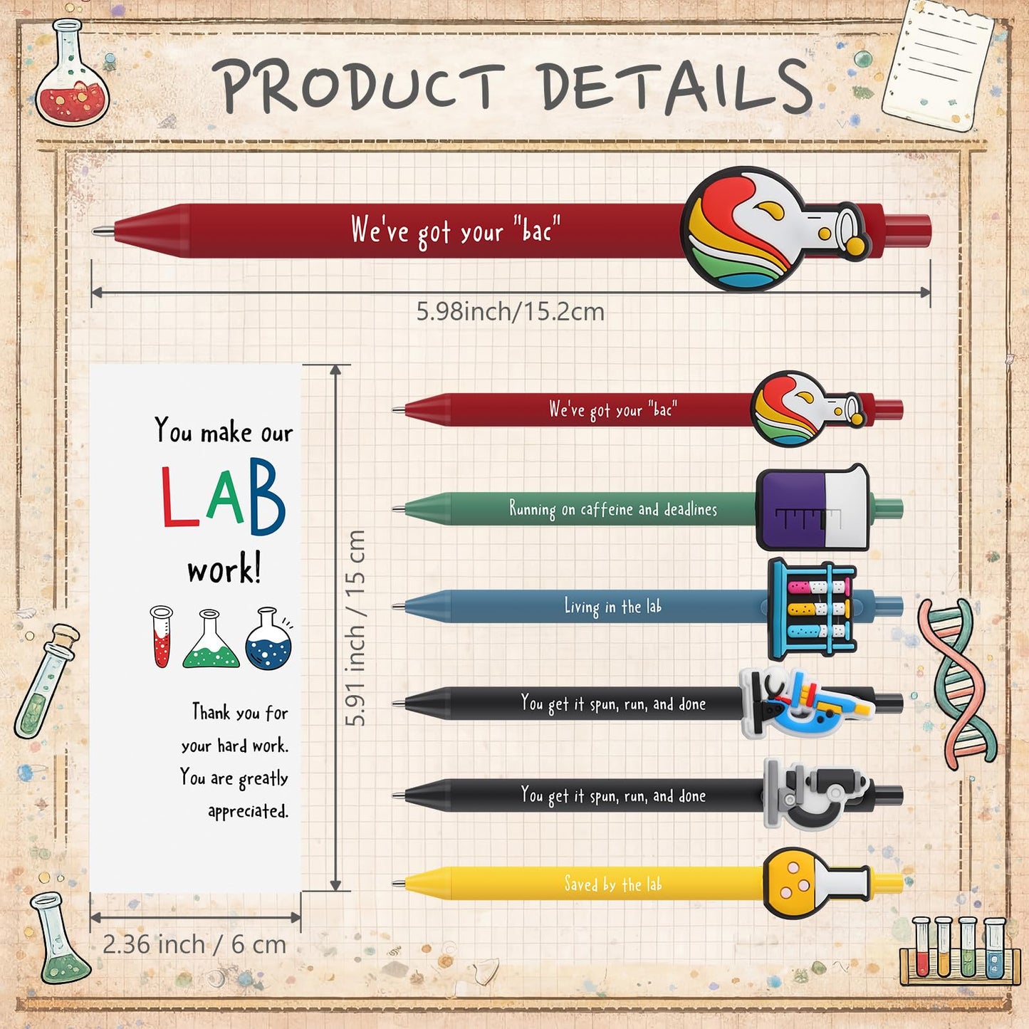 Gersoniel 12 Sets Lab Week 2026 Bulk Gifts Funny Pens with Thank You Cards for Medical Laboratory Scientist Appreciation Gifts 5 Styles Lab Supplies Accessories