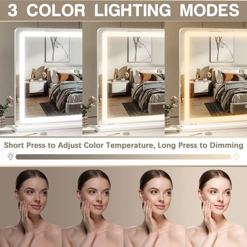 ROLOVE Vanity Mirror with Lights, 32" x 22" Large Lighted Vanity Mirror with Dimmable 3 Modes, LED Makeup Mirror, 10X Magnification, Touch Screen Control, USB Charging Port, Tabletop or Wall-Mounted