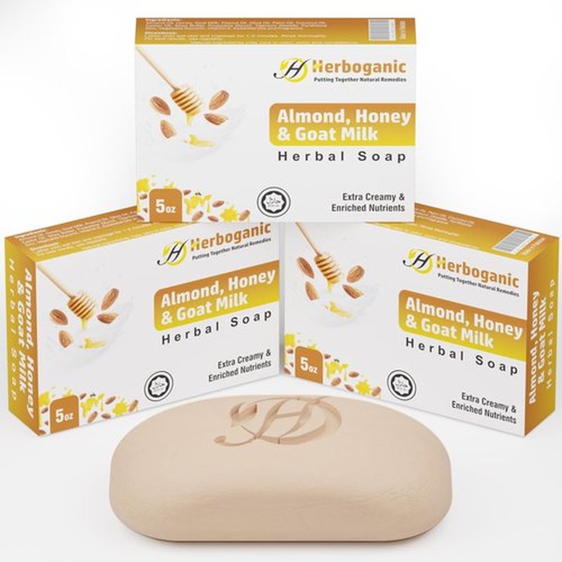 HERBOGANIC Goat Milk Almond and Honey Herbal Soap | Pack of 3 of 5oz soap Bar | Natural Bar Soap for Face and Body | Hydrating and Nourishing | Suitable for Men and Women