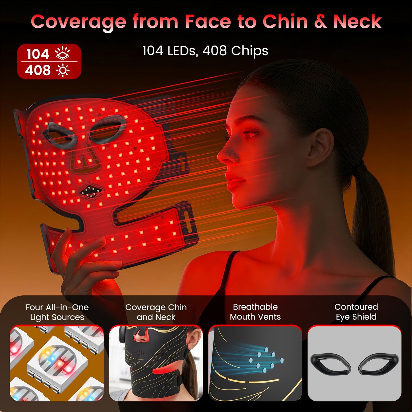 Wireless Red Light Therapy Mask for Face, Anti-Wrinkle & Acne Treatment for Full Face, Chin & Neck, 850nm Infrared Portable LED Face Mask for Home & Travel Use, Ideal Skincare Gifts for Women