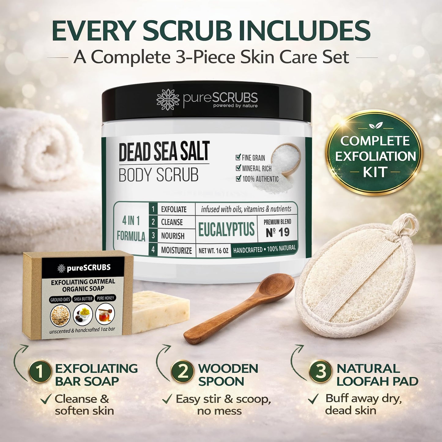 pureSCRUBS Premium Eucalyptus Body Scrub Set, Gentle Exfoliating Salt Scrub