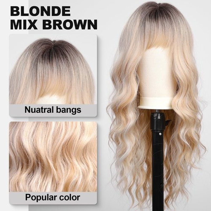 KOME Ombre Blonde Wigs with Bangs,Long Curly Wig for Women,Blonde Long Wavy Wig Synthetic Hair Wig for Party Cosplay Daily Use 24IN