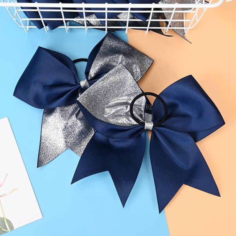 DEEKA 8PCS 8" Two Toned Large Glitter Cheer Bows Shiny Cheer Hair Bows Ponytail Holder Handmade for Cheerleader Girls Softball Sports -g Silver/Navy