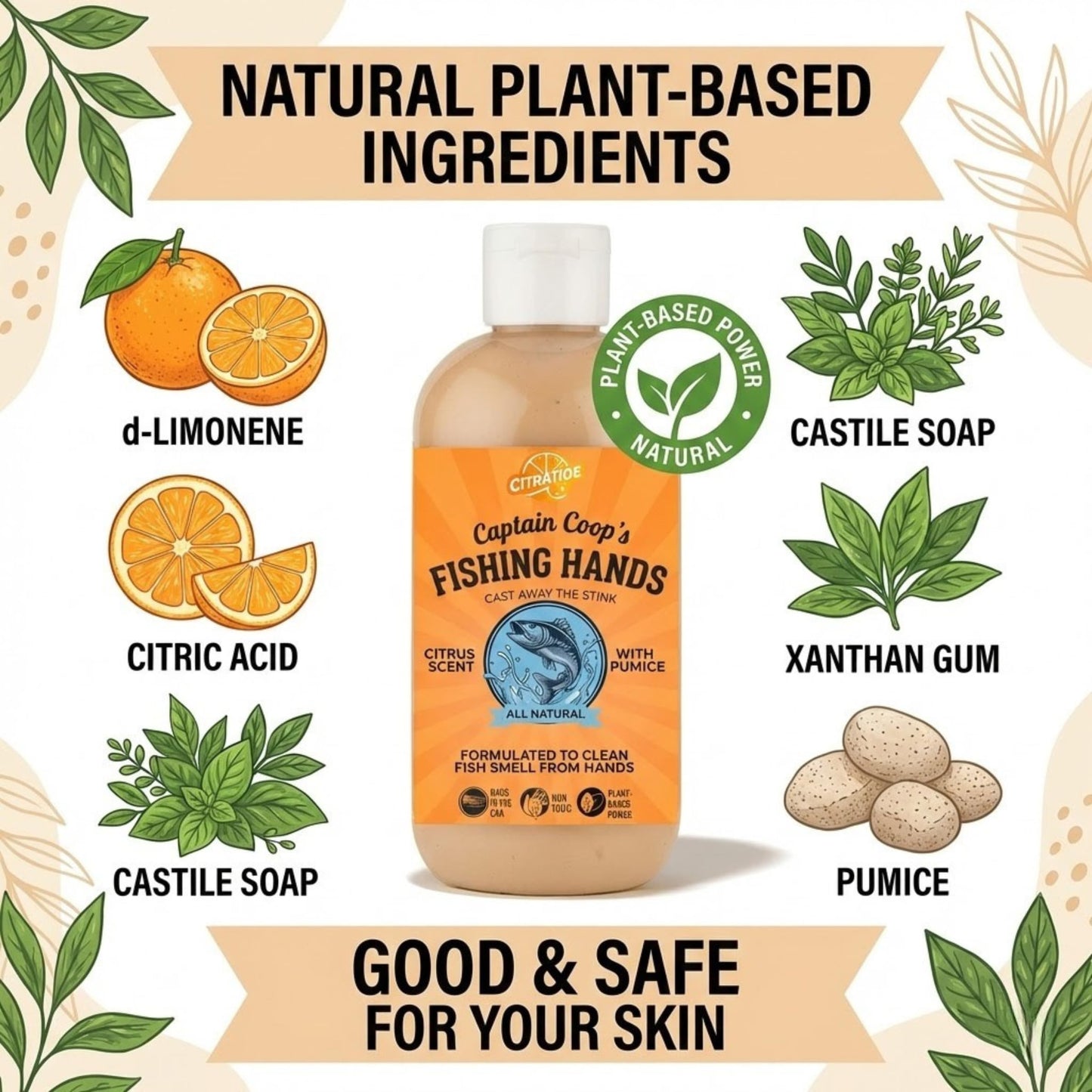 CITRATIDE Captain Coop’s Fishing Hands – Chemical-Free Citrus Hand Scrub & Odor Remover – Removes Fish Smell & Grease – Gentle on Skin – Great for Fishermen, Mechanics & Gardeners – Made in USA (8 oz)