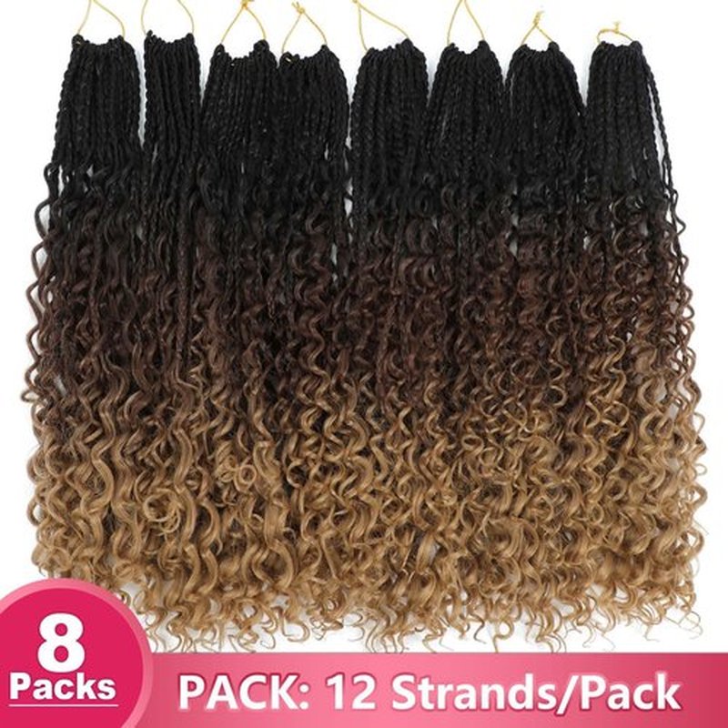 Goddess Box Braids Crochet Hair 14Inch 8Packs Pre Looped Boho Box Braids Braiding Hair Curly Ends Bohomian Crochet Box Braids (1B/30/27#, 14 inch)