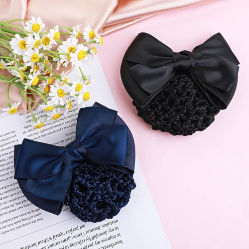 JIYIN 2 Pcs Hair Net with Bow, Elastic Mesh Hair Bun Cover Crochet Barrette Butterfly Ribbon Hair Clip Net Bun Holders With knot Knit Mesh Hairnets Snoods for Women(blue+black)