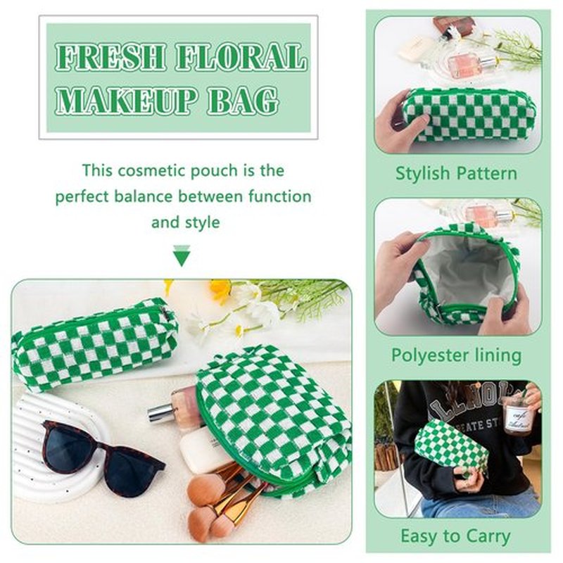 2Pcs Checkered Makeup Bag for Women Girls Pencil Pouch Travel Small Cosmetic Bag Set Cute Makeup Pouch Purse Pencil Case Pencil Bag Zippered Toiletry Bag Organizer Preppy Trendy Storage Bag(Green)