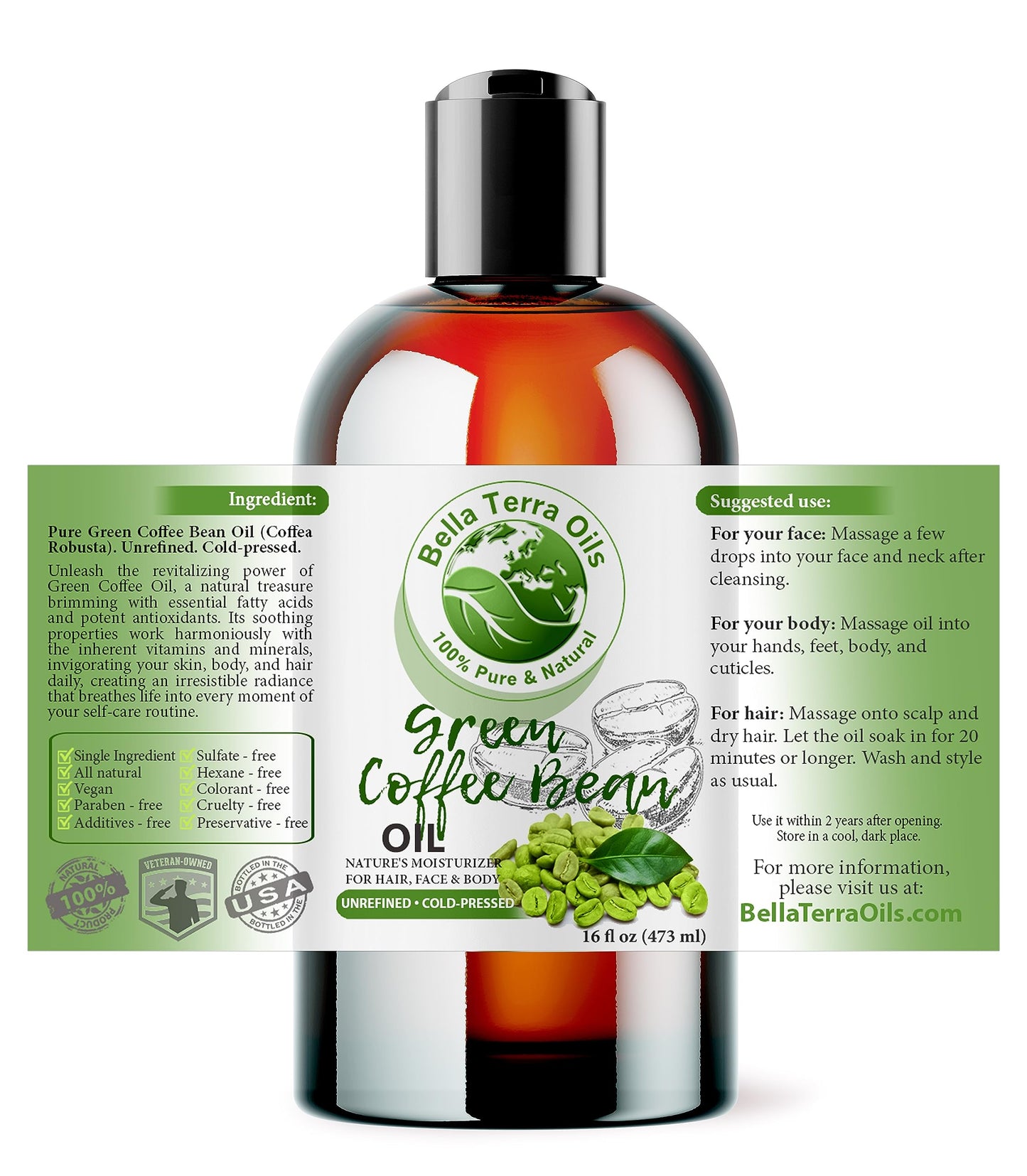 Bella Terra Oils - Green Coffee Bean Oil 16oz - Harness the Purity of Coffee Serum Ingredients, Enriched with Potent Acids for Lush & Healthy Skin