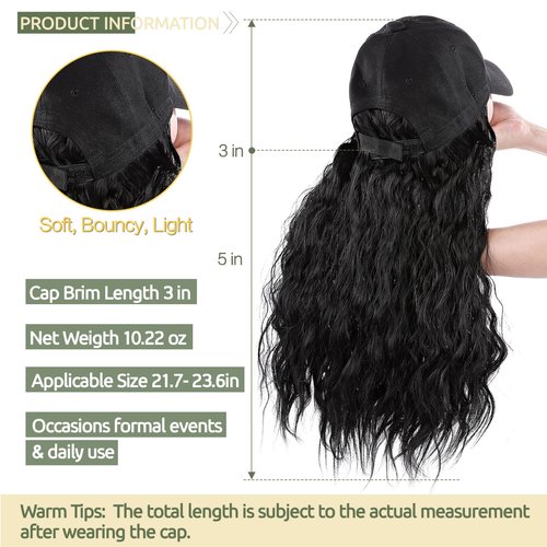 S-noilite 18" Baseball Cap Hats with Hair Attached Corn Wave Baseball Cap Wig with Hair Extension Adjustable Baseball Hat Wig for Women(18”-Corn Wave, Wine Red)