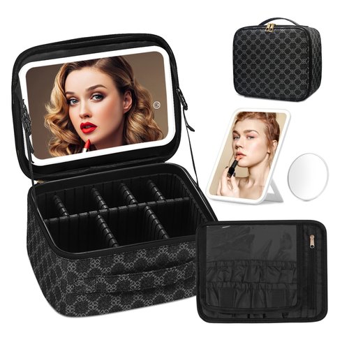 Omobolanle Makeup Bag with Mirror Led Light Detachable Portable Makeup Organizer Travel Cosmetic Train Case with Dividers and 10x Magnifying Mirror Cosmetic Toiletry Bag Black/Grey