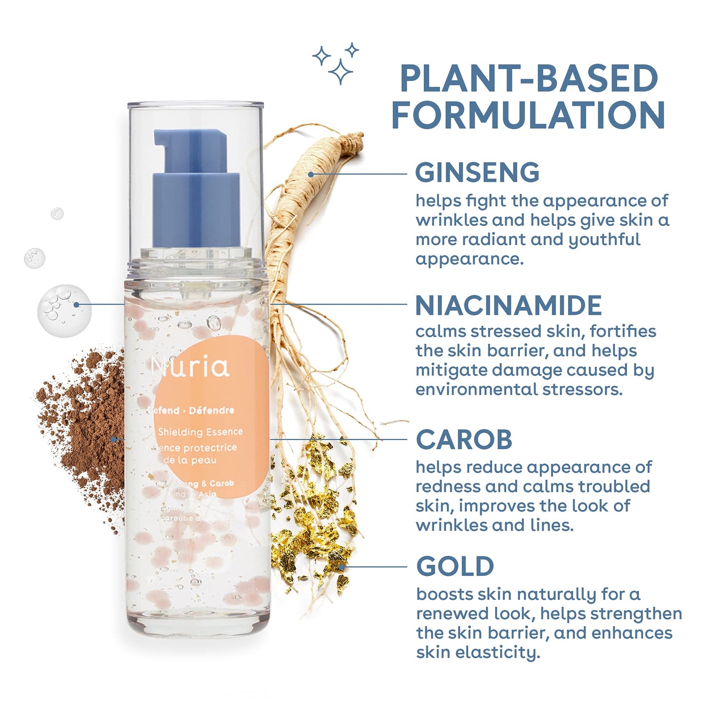 Nuria - Defend Skin Shielding Essence, Antioxidant-Rich Lightweight Face Essence with Ginseng, Carob, and Niacinamide, 50mL/1.7 fl oz