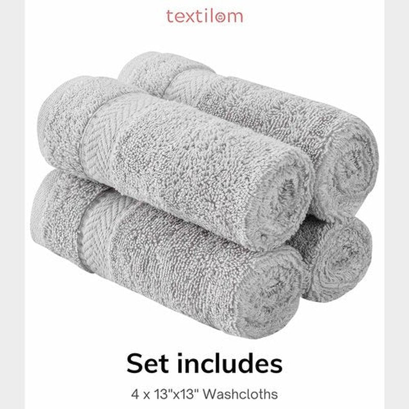 TEXTILOM Washcloths for Body and Face – Hotel and Spa Quality & Soft & Absorbent & Quick Dry Wash Cloths for Your Body – 100% Turkish Cotton Wash Clothes Towel Set of 4 (13 x 13 inches) - Light Grey