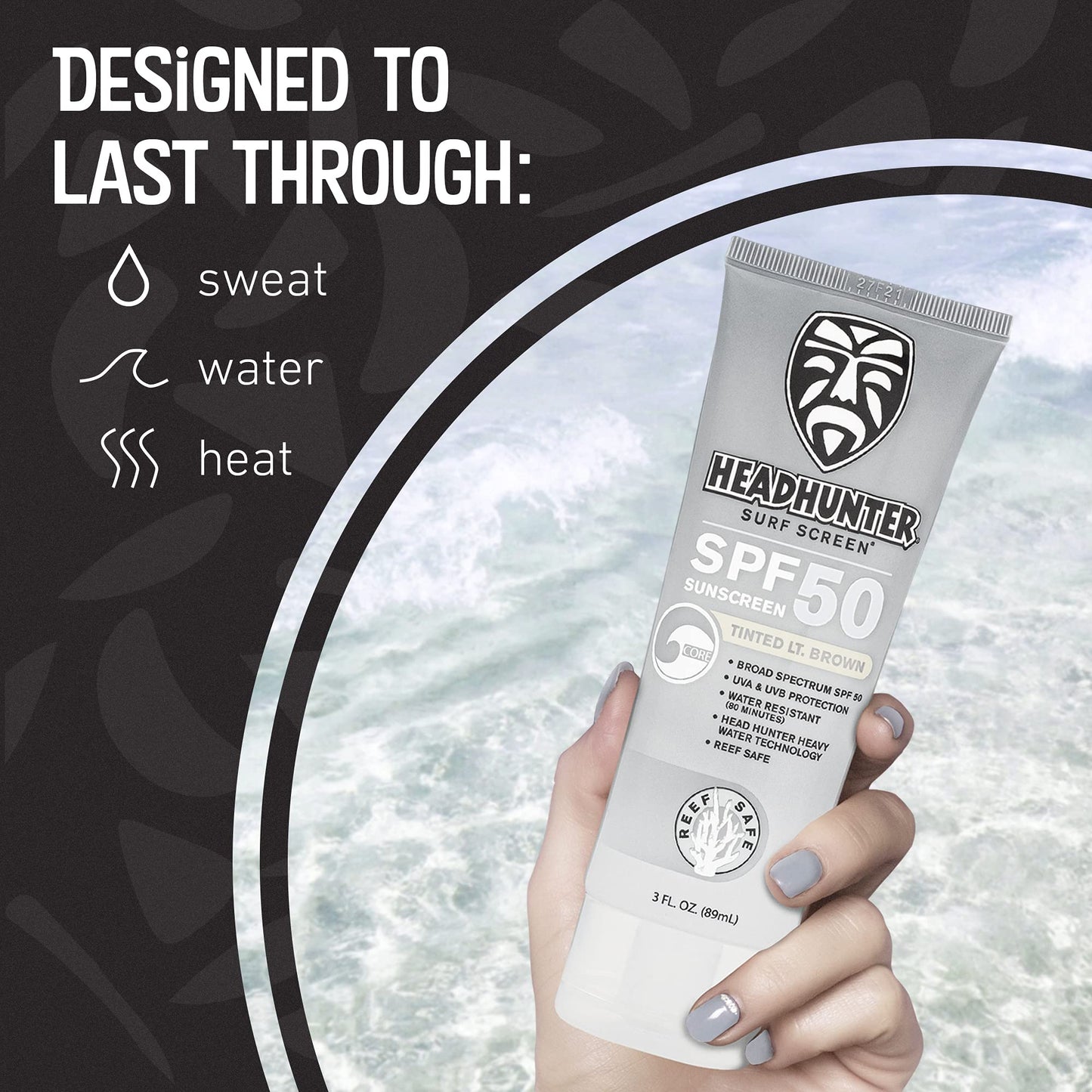 Headhunter Heavy Duty Reef Safe Sunscreen SPF 50 for Surfing - Natural Mineral Sunscreen Face Cream - Broad Spectrum UVA/UVB Safe, Skin Defense Against Damage - Tinted Light Brown Formula (1 Pack)