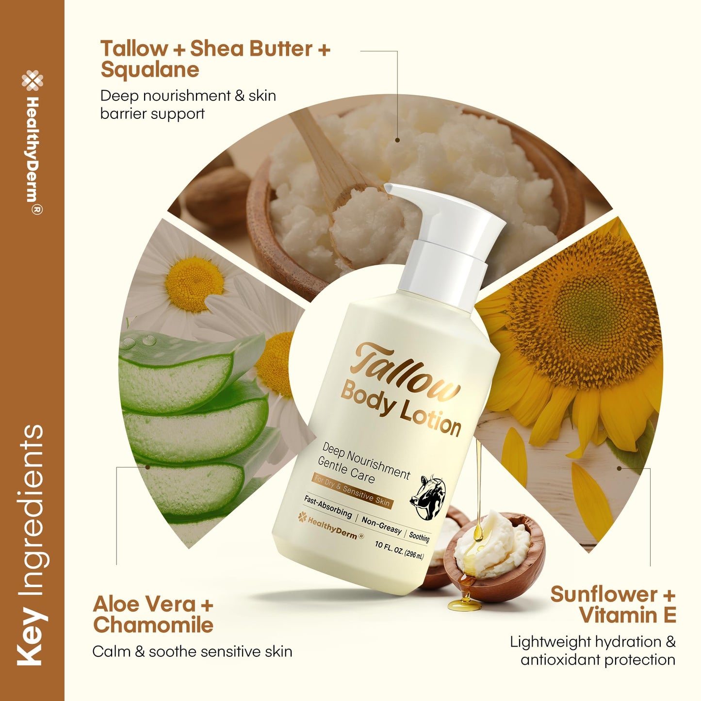 Beef Tallow Body Lotion for Skin: Grass-Fed Daily Moisturizing Cream for Dry, Mature & Crepey Skin, Fast-Absorbing, Non-Greasy, Fragrance-Free Moisturizer with Aloe & Shea Butter, 10 fl oz