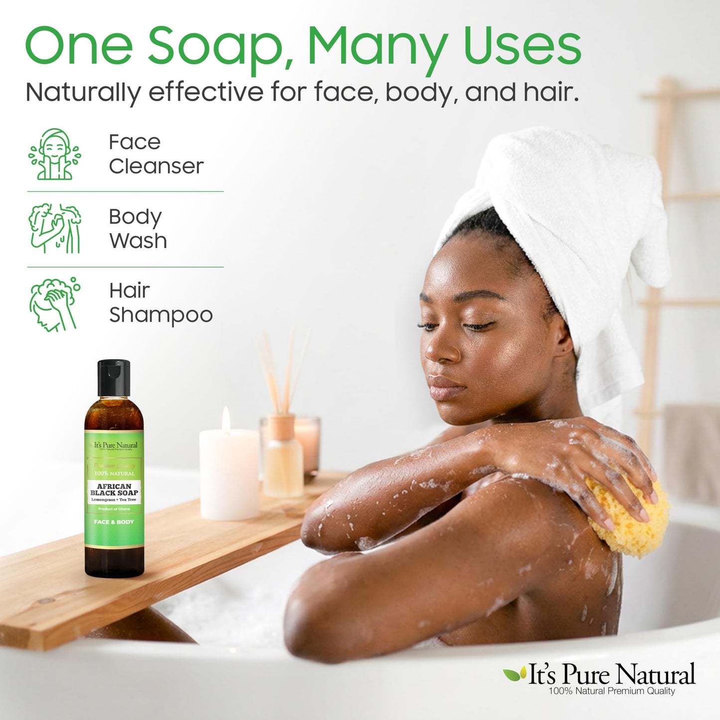 It's Pure Natural African Black Soap, Liquid Form, Traditional Handmade Raw Soap with Shea Butter and Coconut Oil, Face and Body Cleanser, (8oz, Lemongrass + Tea Tree)