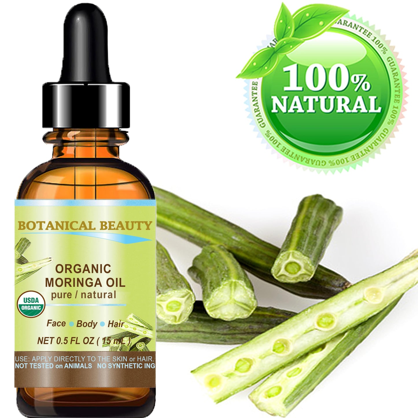 Botanical Beauty‎ Organic Moringa Oil 100% Pure Natural Undiluted 0.5 Fl.oz.- 15 ml. for Face Skin, Hair, Lips, Body, Nails Rich in Vitamin C, Vitamin E