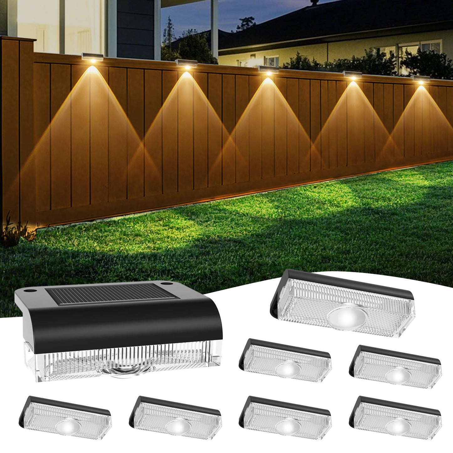 AGOTD Solar Fence Lights Outdoor, 8 Pack Fence Light Solar Powered Wall Lighting, Deck Lights Waterproof Led for Outside, Garden, Backyard, Patio, Pathway, Railing, Pool, Stairs, Step, Warm White