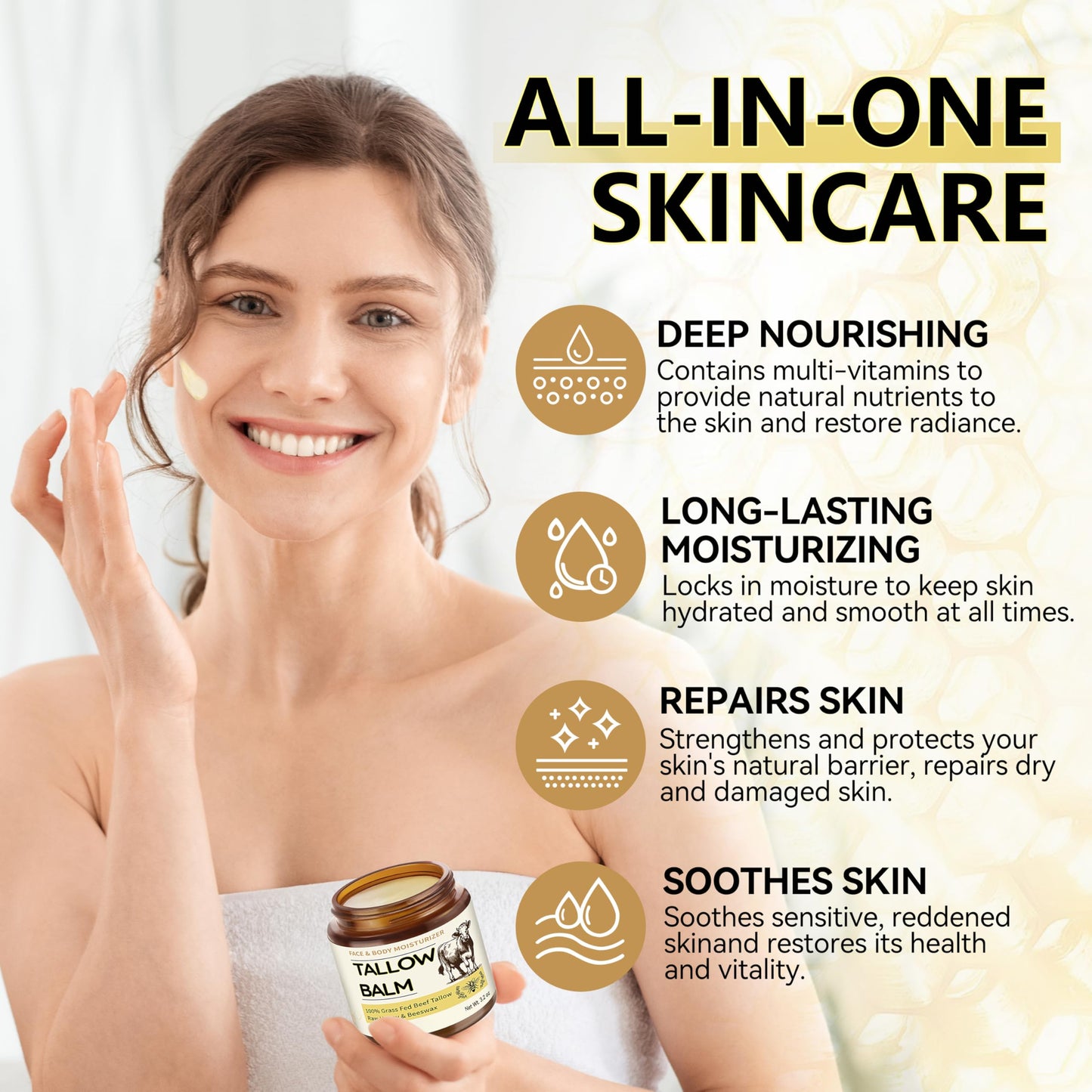 Veakoo Beef Tallow for Skin, 2 Pcs Grass Fed Tallow and Honey Balm, Organic Tallow Face Moisturizer, Natural Moisturizing Cream for Women Men, Body Butter, Nourish and Soothe Dry Skin