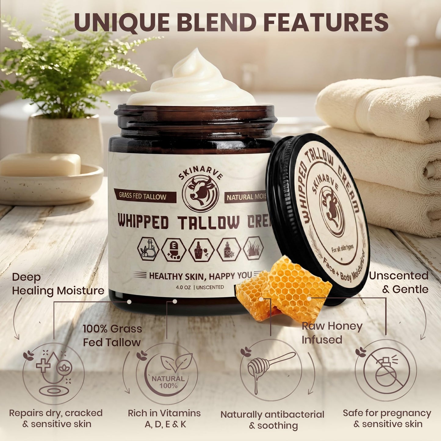 Beef Tallow for Skin 4oz Cream – Organic Whipped Tallow and Honey Balm, 100% Grass Fed Beef Tallow for Face, Natural Tallow Moisturizer Dry Skin, Tallow Balm Body Butter Eczema Lip Balm Unscented