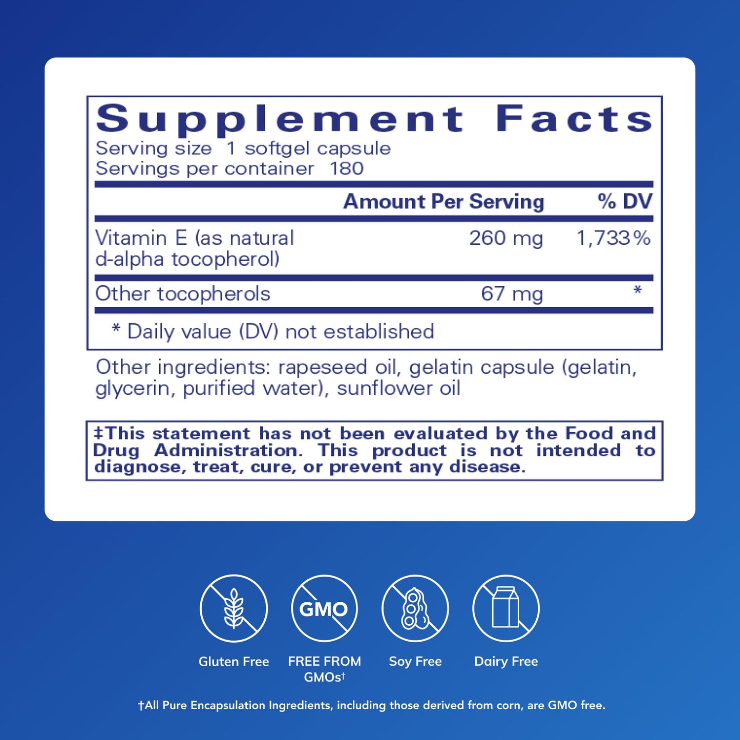 Pure Encapsulations Vitamin E (with Mixed Tocopherols) - Antioxidant Protection & Cellular Function* - Contains Mixed Tocopherols - Non-GMO - 180 Softgel Capsules