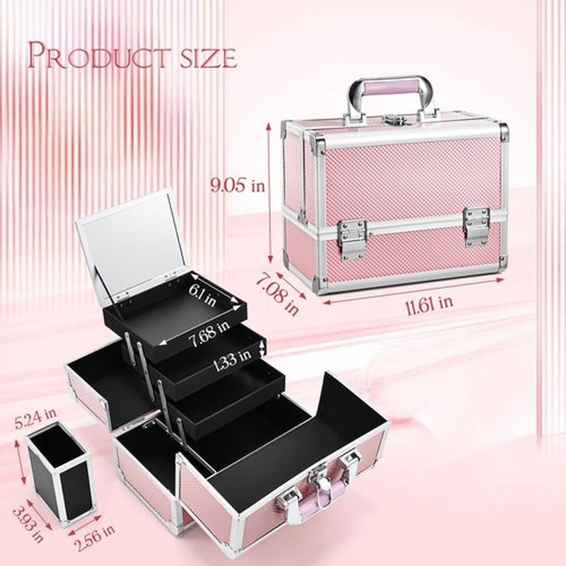 Joligrace Makeup Train Case Cosmetic Box 11.6 Inches Jewelry Organizer Professional 3 Tiers Trays with Mirror and Brush Holder Lockable Key Portable Travel Mermaid Pink
