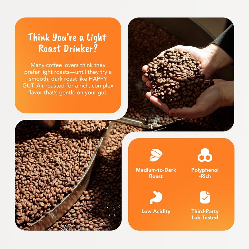 Happy Gut Coffee - Organic Medium-Dark Roast Coffee for Gut Health - 12oz Ground | Smooth Flavor, Gluten-Free