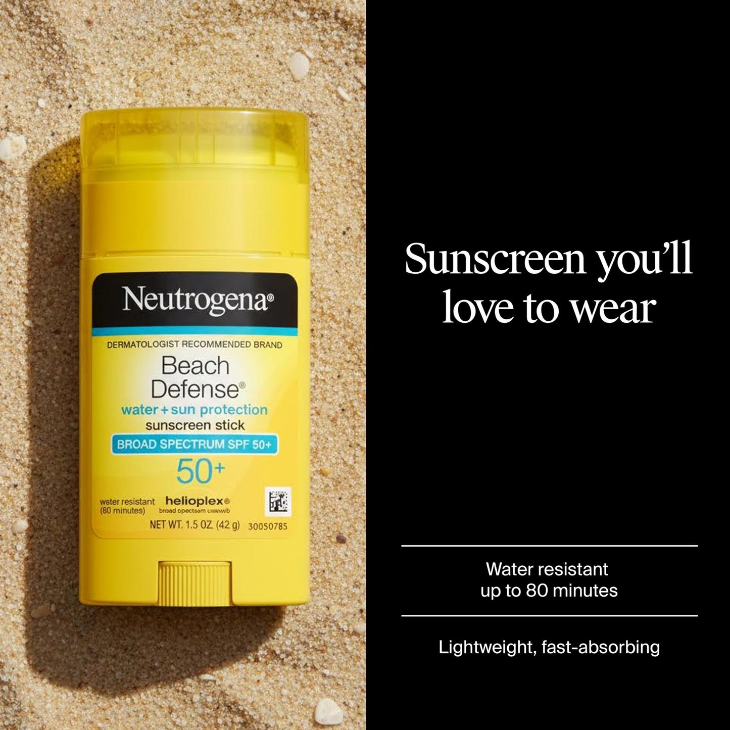 Neutrogena Beach Defense Sunscreen Stick SPF 50 Broad Spectrum UVA UVB Protection Lightweight Water Resistant up to 80 Minutes Oil-Free No-Mess Beach-Strength Sun Protection for Whole Family, 1.5 oz