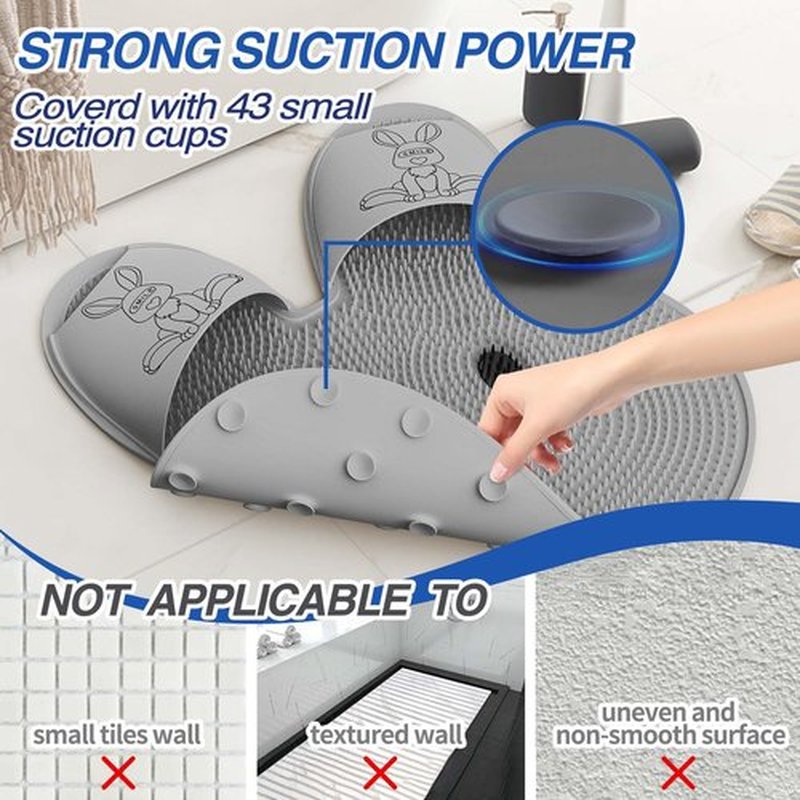 Manmihealth Extra-Large Shower Foot Scrubber Mat & Soft Shower Brush Face Scrubber Set (3 PCS), Rabbit-Shaped Silicone Foot Scrubber in Shower & Body Facial Cleansing Brush Set (Gray)