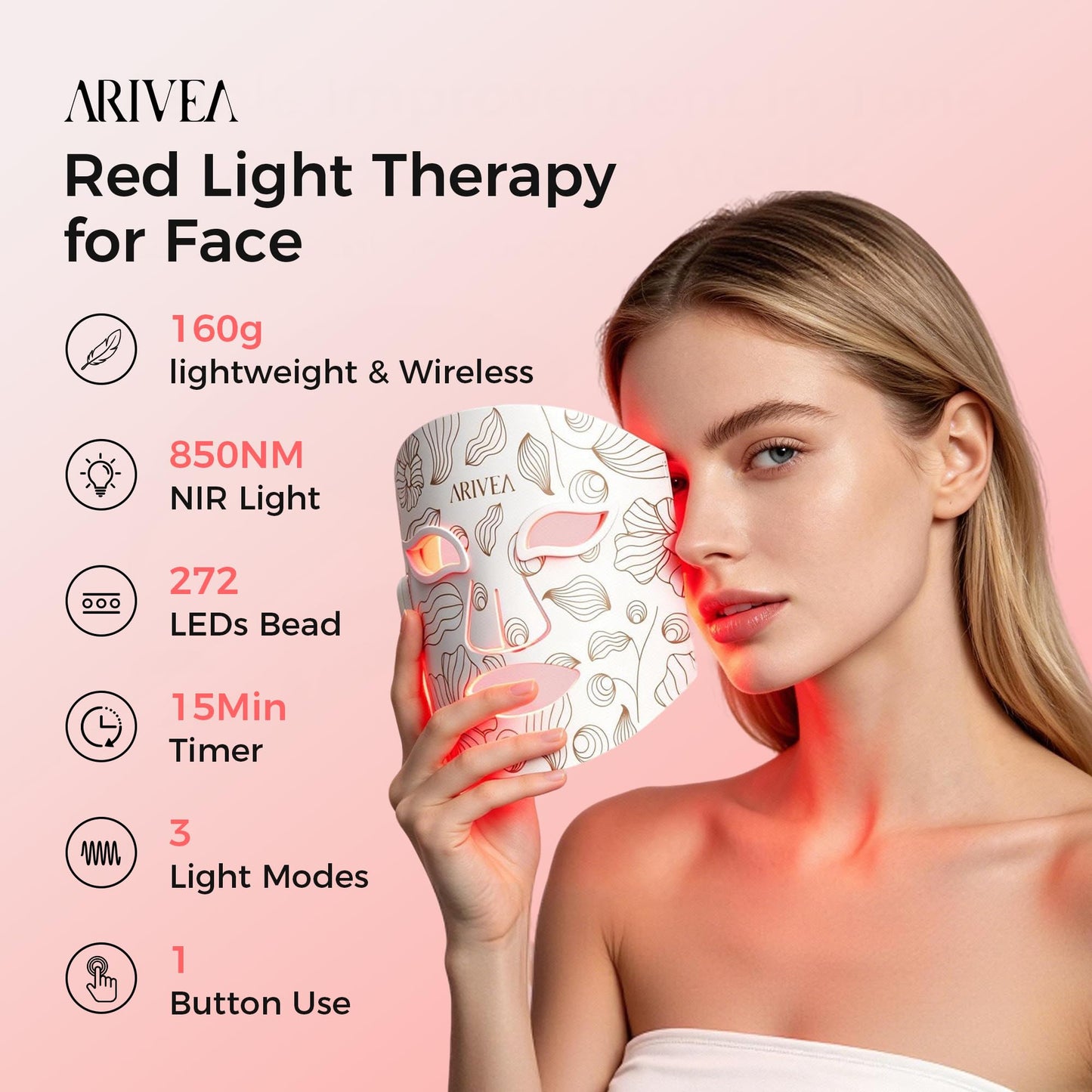 ARIVEA Red Light Therapy Mask for Face, 850nm NIR, Red, Blue Light 3 Modes
