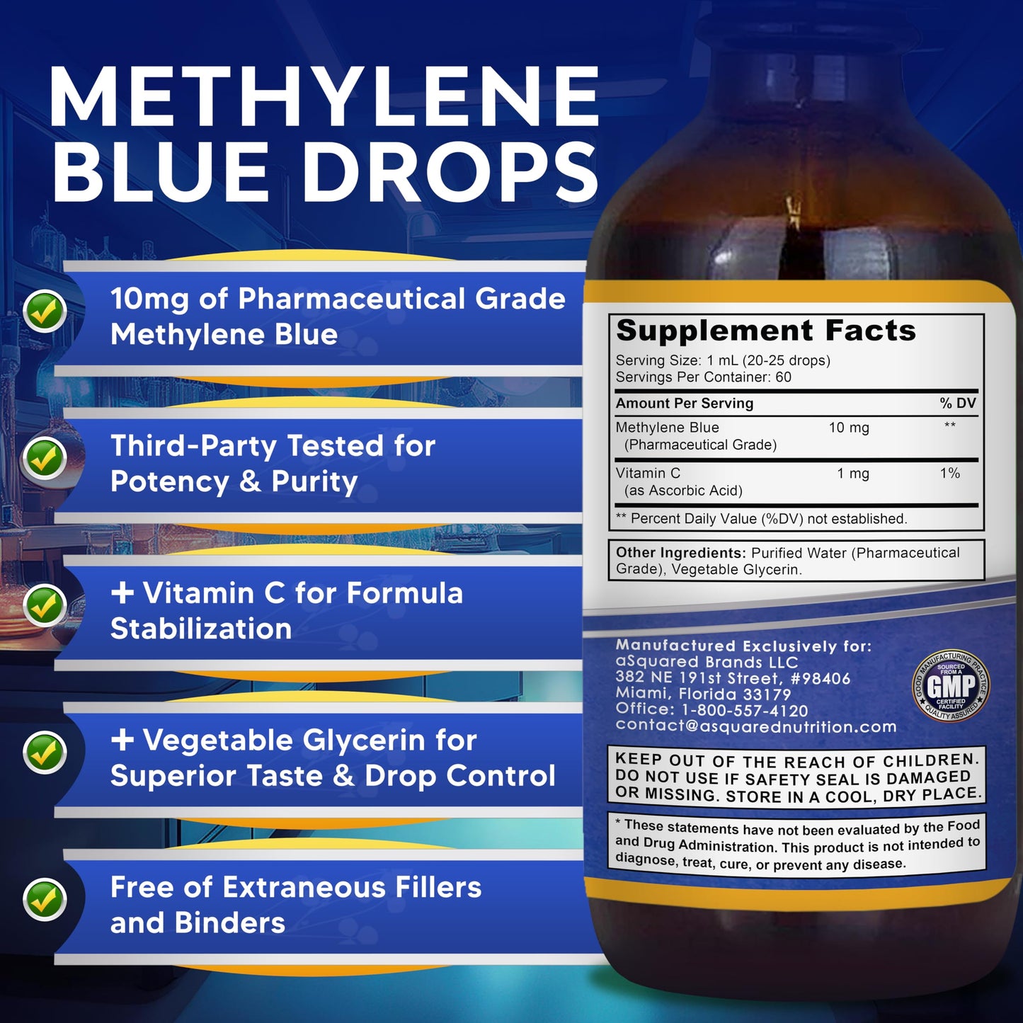 aSquared Nutrition Methylene Blue Drops - 1% Pharmaceutical Grade Liquid Supplement for Humans - 10mg USP Grade w/Vitamin C - No Formaldehyde - Brain & Energy Alternative to Capsules (2 fl oz)