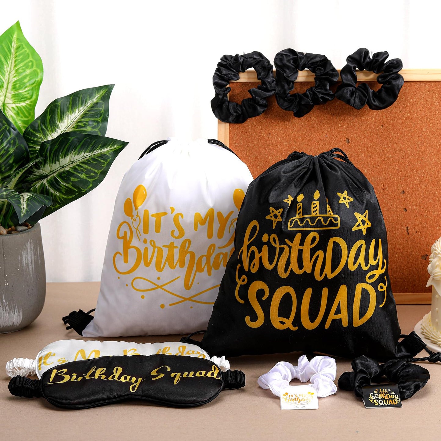 Bunnycool 18 Pcs Birthday Squad Party Favors with 6 Squad Drawstring Bag 6 Satin Eye Mask Satin 6 Hair Scrunchies Spa Birthday Party Favor for Queen Women 20th 30th 40th 50th 60th Decoration(Black)