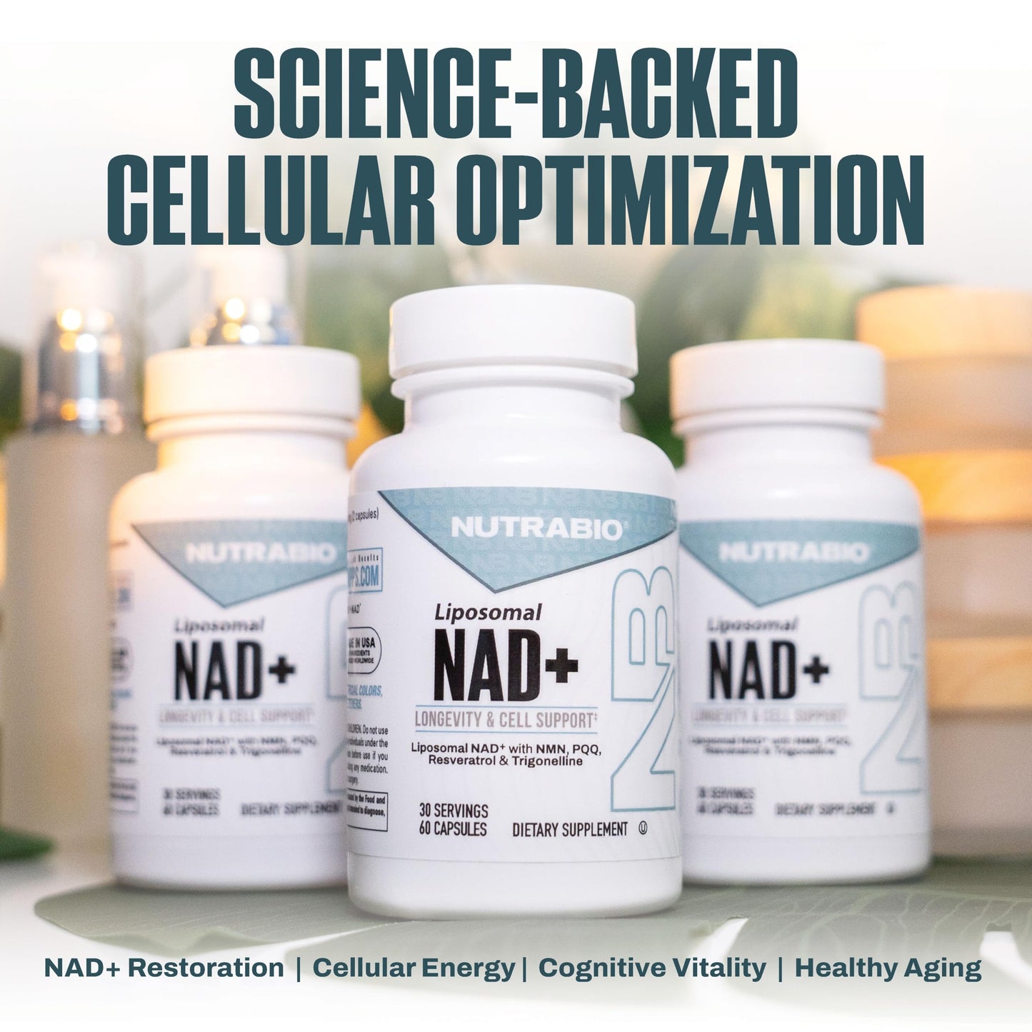 NutraBio Liposomal NAD+ Supplement with Resveratrol, NMN & PQQ for Longevity and Cell Support for Men and Women, Long-Term Vitality, 60 Capsules