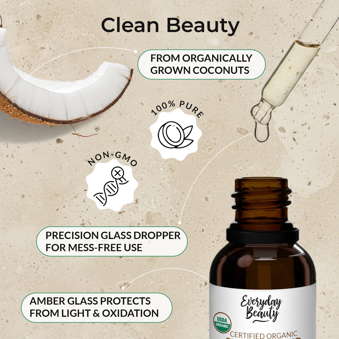 Organic Fractionated Coconut Oil | 100% Pure, Cold-Pressed | USDA Certified Organic | Amber Glass Bottle with Glass Dropper | For Face, Skin, & Hair - 1 Fl Oz