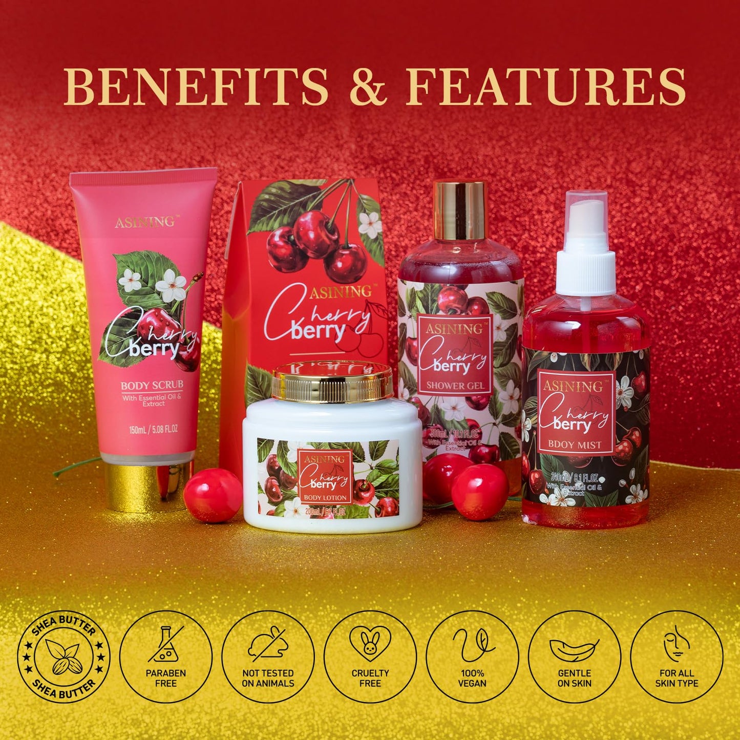 Bath & Body Basket Set, Cherry Fruit Scent Spa Gift Basket with Shower Gel, Lotions for Women Gift Set, Spa Kits for Christmas Valentine's Birthday Gift All Occasion Holiday Gift Idea Luxury Bath Set