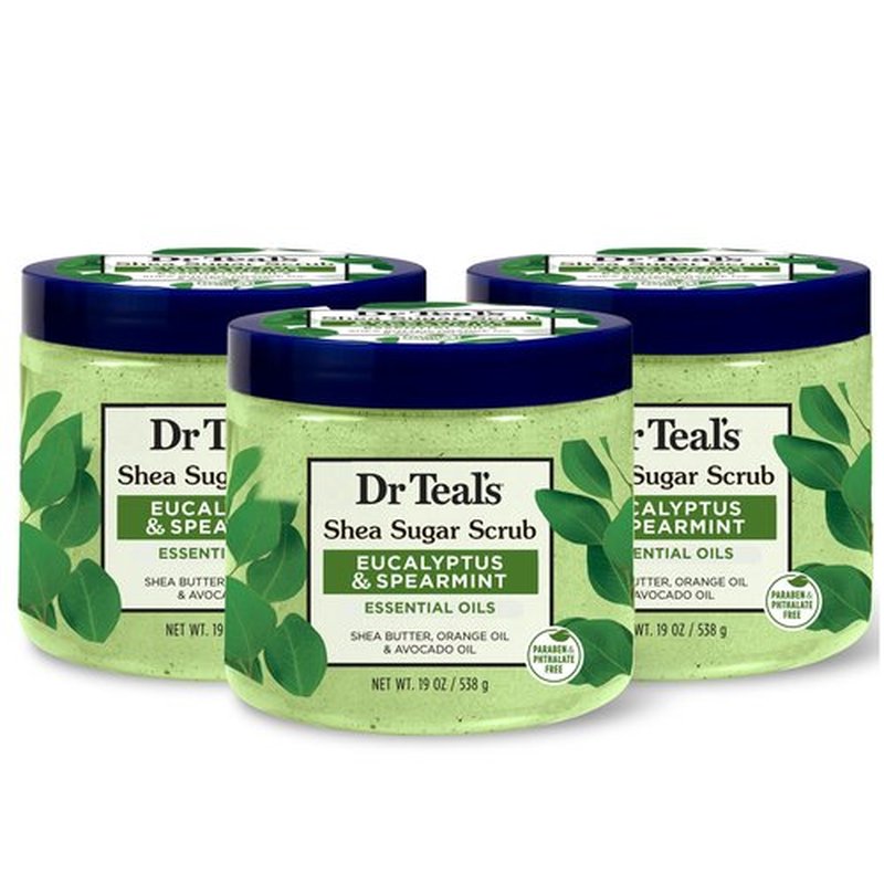 Dr Teal's Shea Sugar Scrub, Eucalyptus & Spearmint Essential Oils, 19 oz (Pack of 3)